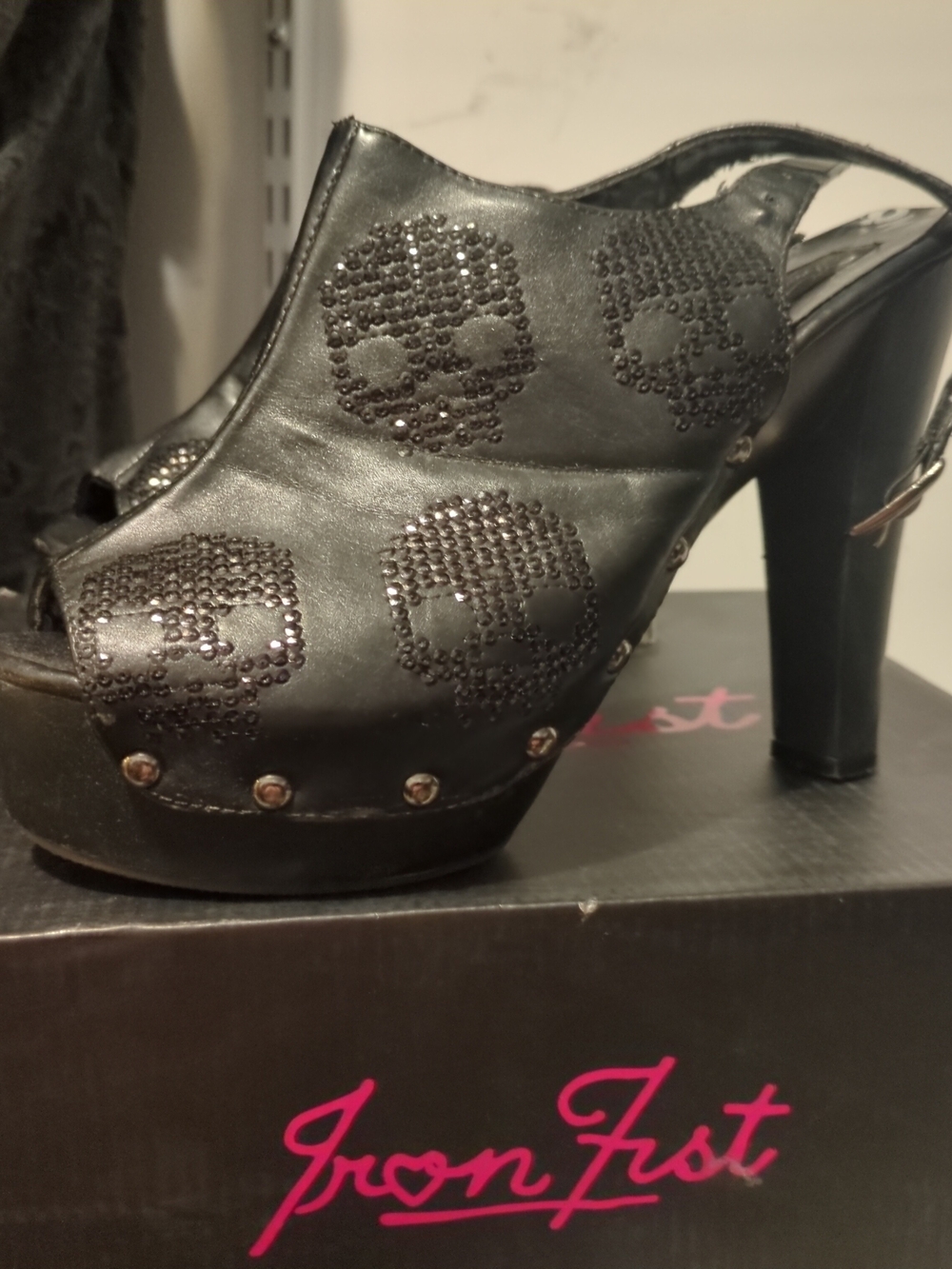 Iron Fist Black Ruff Rider Rhinestone Skull Platform Slingback Heels Size 10